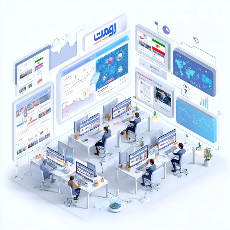 تیم تحلیل داده و تولید محتوا در حال رصد رسانه‌ها و شبکه‌های خبری در مرکز داده رومت