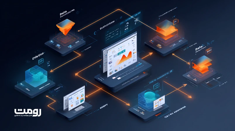 تصویر ایزومتریک از سیستم بازاریابی محتوایی داده‌محور رومت با سه لایه‌ٔ داده، طراحی و هوش مصنوعی و نمایش قیف تبدیل و داشبورد تعامل
