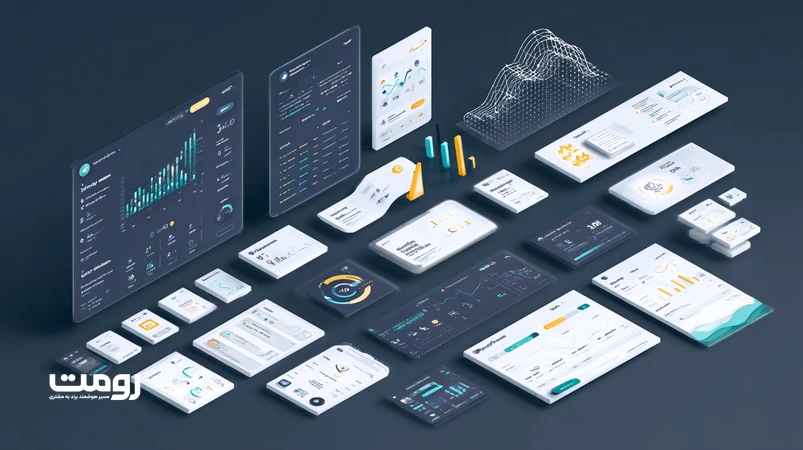 تصویر ایزومتریک از طراحی سایت داده‌محور رومت با هیت‌مپ، گراف دانش و داشبورد تحلیل که وب‌سایت را به موتور رشد تبدیل می‌کند.
