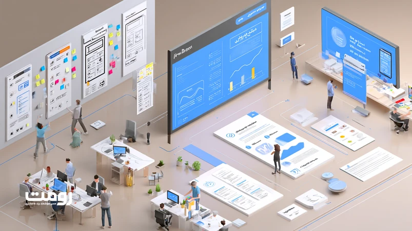 تصویر مفهومی از فرآیند طراحی سایت حرفه‌ای در رومت؛ از Discovery و وایرفریم تا UI، توسعه، QA و مانیتورینگ با تاکید بر سئو و تجربه کاربری