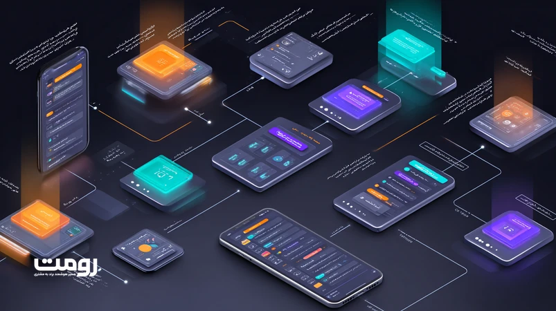 تصویر ایزومتریک از همگرایی Search Patterns با گفت‌وگوهای ChatGPT و گوگل؛ نمایش جریان نیت، مسیر پرس‌وجو و حافظه در رابط کاربری فارسی.