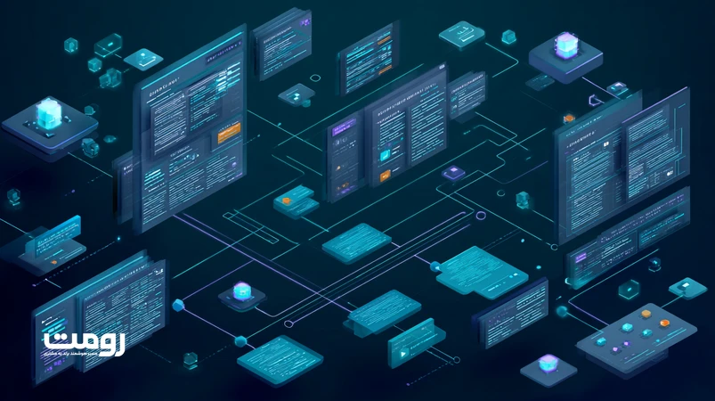 تصویر ایزومتریک از همگرایی جست‌وجوی معنایی، داده‌های ساختاریافته و ChatGPT با گراف دانش و کارت‌های JSON‑LD در یک تجربه جست‌وجوی یکپارچه