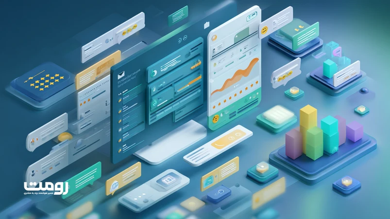 تصویر ایزومتریک از داشبورد تحلیل احساس و رفتار کاربر برای ارزیابی کیفیت محتوا با تمرکز بر داده‌های احساسی و سئوی مدرن
