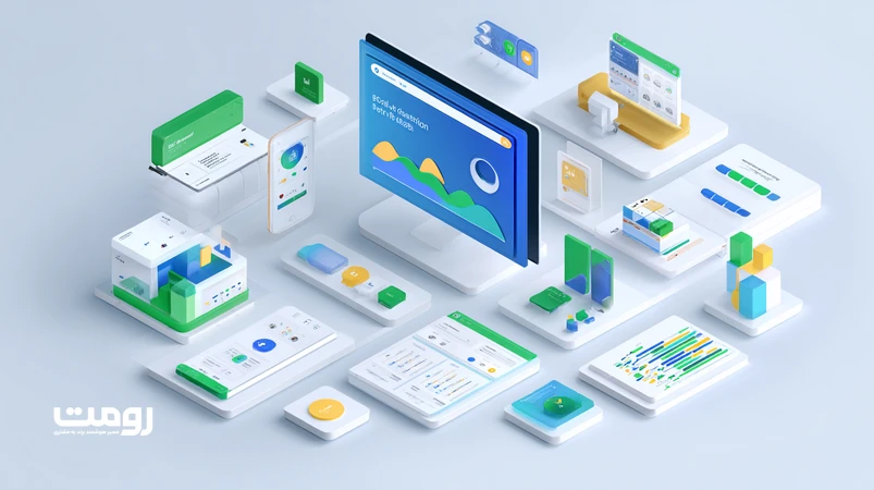 تصویر ایزومتریک از مسیر یکپارچه‌سازی SEO و CRO با هوش‌مصنوعی برای تبدیل ترافیک به اعتماد و فروش در وب‌سایت فارسی