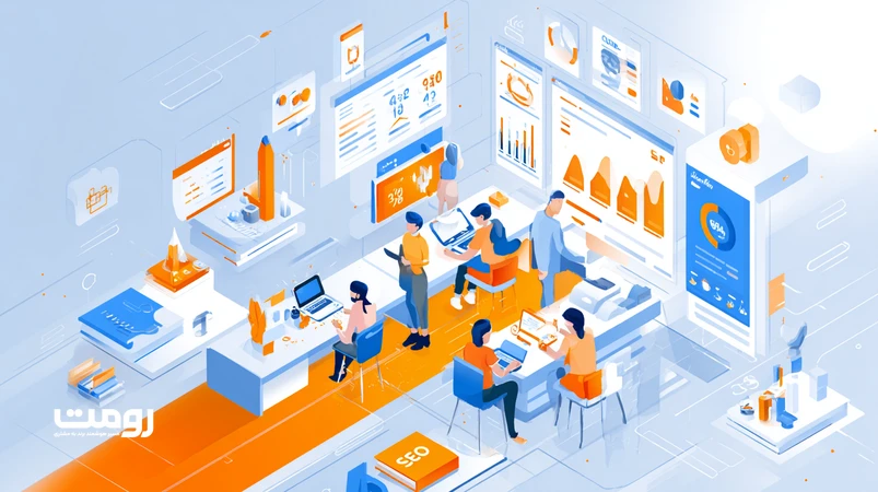 تصویر ایزومتریک از تیم یک برند کوچک ایرانی که با ابزارهای هوش مصنوعی روی سئو، تحلیل رقبا، سرعت سایت و معماری محتوا کار می‌کند.
