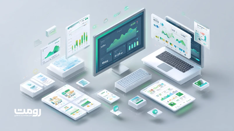 تصویر ایزومتریک داشبورد طراحی وب استراتژیک برای مدیران با نمودار نرخ تبدیل، CAC، CLV و سفر کاربر در دستگاه‌های واکنش‌گرا