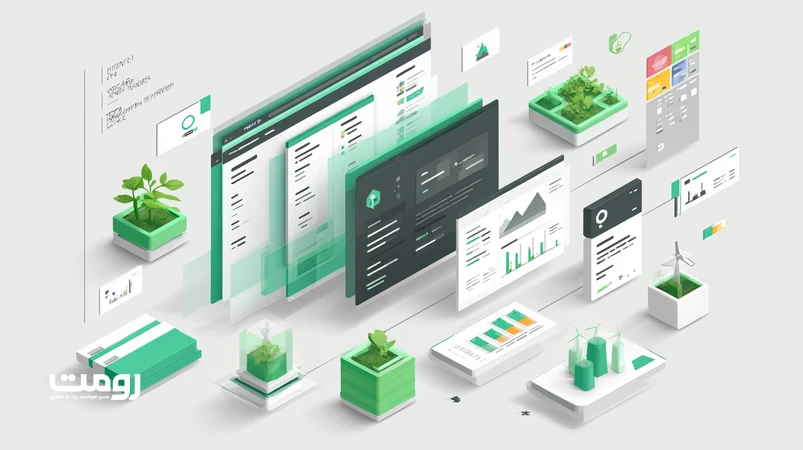 تصویر ایزومتریک از روند جهانی طراحی پایدار در وب ۲۰۲۵–۲۰۲۶ با تمرکز بر UX پایدار، عملکرد، سئو و بهینه‌سازی مصرف انرژی در وب‌سایت‌ها