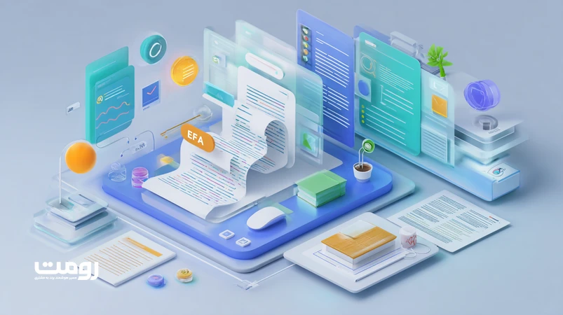 ایلاستریشن ایزومتریک از فرایند بهینه‌سازی محتوای هوش مصنوعی با بازبینی انسانی، E-E-A-T، Citation و متاداده سازگار با گوگل برای افزایش اعتماد.