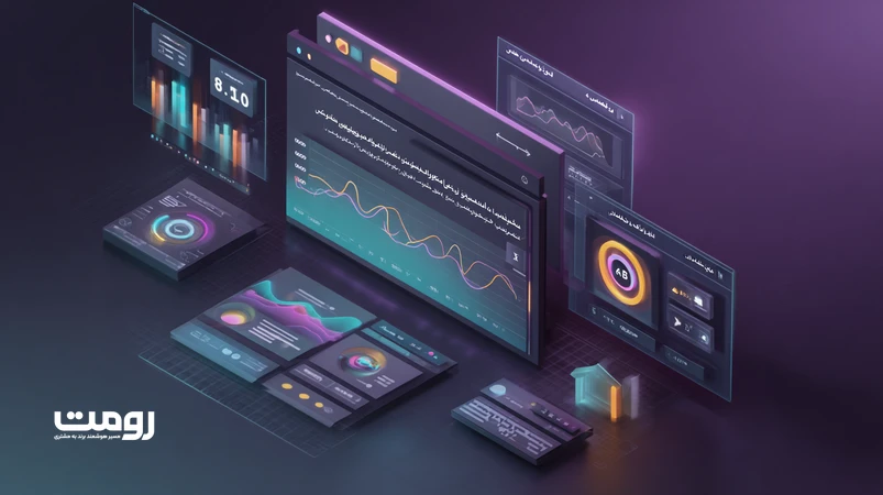 تصویر ایزومتریک از رابط تحلیل تعامل کاربر روی یک وب‌سایت فارسی درباره محتوای AI‌محور با نشانگر زمان ماندن، عمق اسکرول و هیت‌مپ؛ مرتبط با سیگنال‌های رتبه‌بندی در ۲۰۲۶