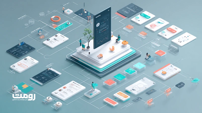 تصویر ایزومتریک از UX در عصر هوش مصنوعی با نمایش نقشهٔ نیت کاربر، چت‌بات مکالمه‌ای و پیشنهادهای پیش‌بینی‌کننده در رابط کاربری راست‌به‌چپ