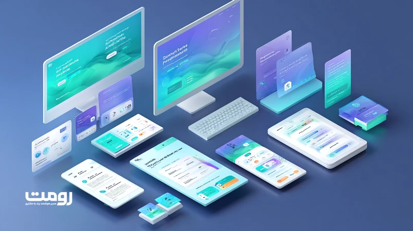 تصویر ایزومتریک از مسیر اعتماد کاربر در برندینگ از نگاه UX با رابط یکپارچه، میکرواینترکشن‌ها و هویت دیجیتال منسجم در سال 2026