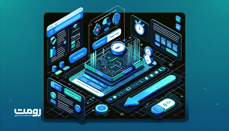 تصویر ایزومتریک از سیگنال‌های تعامل کاربر در سئو گوگل؛ شامل Dwell Time، عمق اسکرول، هیت‌مپ کلیک و الگوهای ناوبری روی رابط وب فارسی