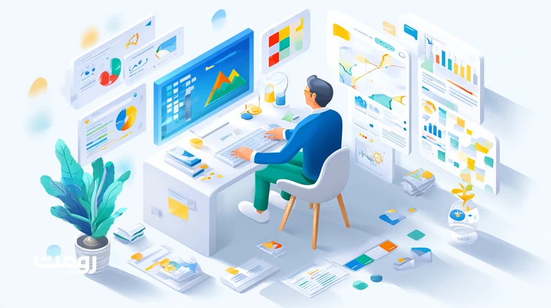 تصویر ایزومتریک مدیریت پروژه طراحی وب در ۲۰۲۶؛ رهبر دیجیتال در حال تعادل میان زمان، هزینه و کیفیت با داشبورد داده‌محور و اجزای رابط کاربری مدرن