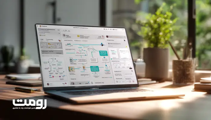 لپ‌تاپ روی میز کار مدرن که داشبورد طراحی و پایش مسیر تجربه مشتری را با فلوهای رفتاری، نقاط تماس و تحلیل‌های مبتنی بر هوش مصنوعی نمایش می‌دهد؛ نور طبیعی و فضای کاری آرام.