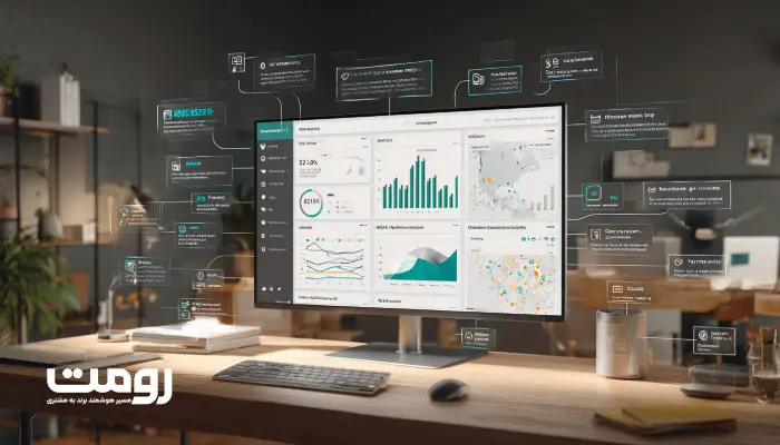 نمایی از فضای کاری مدرن با مانیتور بزرگ که داشبورد یکپارچه استراتژی محتوا را نمایش می‌دهد؛ شامل تحلیل عملکرد محتوا، داده‌های رفتار کاربر و کارت‌های تصمیم‌گیری که نشان‌دهنده مدیریت و هدایت استراتژیک محتوا در یک سازمان دیجیتال است.