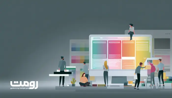 نمایش گرافیکی تیمی از طراحان و توسعه‌دهندگان که در حال کار روی رابط کاربری و طراحی صفحات وب هستند، با نمایش رنگ‌ها و عناصر گرافیکی مختلف.