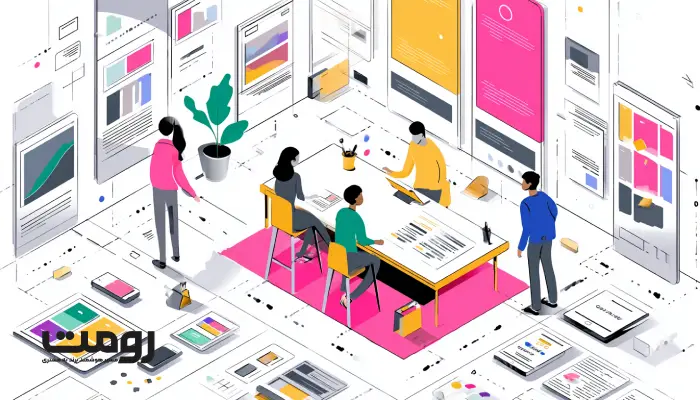 تیم طراحی در حال همکاری و کار روی پروژه‌های مختلف وب، با تمرکز بر طراحی رابط کاربری و استفاده از رنگ‌های زنده و عناصر گرافیکی.