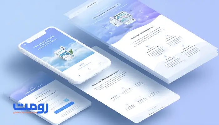 نمای سه‌بعدی صفحات وب و موبایل با طراحی مینیمال که تجربه دیجیتال یکپارچه و مسیر تبدیل کاربر را نمایش می‌دهد