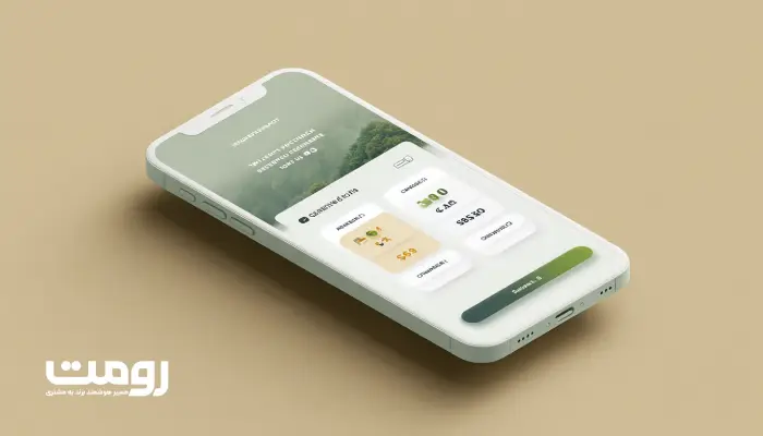 مایش موبایلی از رابط کاربری دیجیتال، شامل پنل حساب کاربری و بخش‌های مختلف اپلیکیشن با طراحی مینیمالیستی و رنگ‌های ملایم.