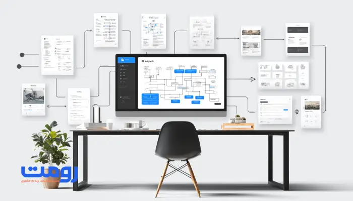 فضای کاری دیجیتال با نمایشگر کامپیوتری که ابزارهای طراحی سایت و فلوچارت‌های معماری اطلاعات را نشان می‌دهد. اطراف صفحه نمایش نقشه‌های سایت و مستندات طراحی پخش شده است.