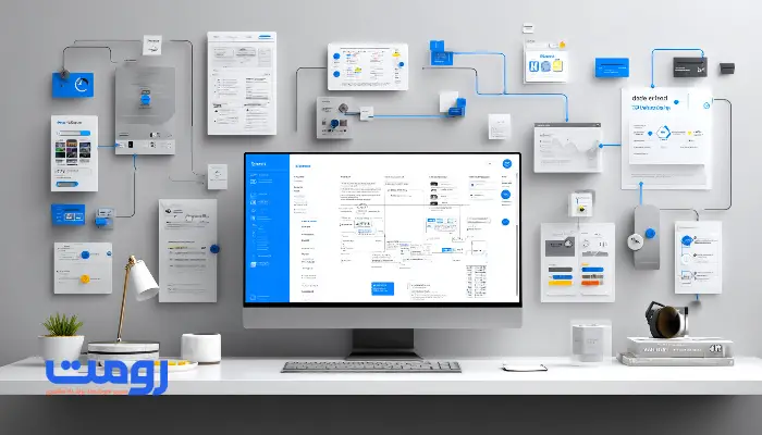 یک میز کار مدرن با صفحه نمایش کامپیوتری که شامل ابزارهای پروژه طراحی سایت و فلوچارت‌های اطلاعاتی است. روی میز، مدارک و نقشه‌های طراحی پراکنده است.