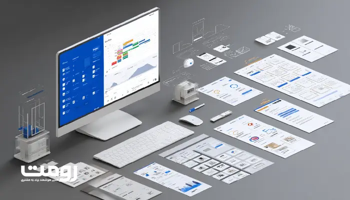 محیط کاری دیجیتال با صفحه نمایش کامپیوتری که نقشه سایت و فلوچارت‌های طراحی وب را نمایش می‌دهد. اطراف صفحه نمایش پر از مدارک و ابزارهای طراحی و مدیریت پروژه است.