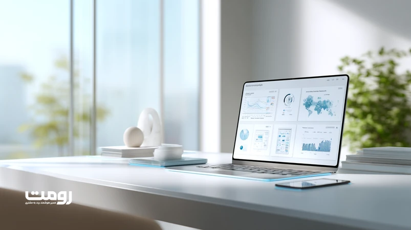 طراحی برندمحور با هوش مصنوعی در یک محیط کاری مینیمال با نمایش داده‌های رفتاری و رابط کاربری روی مانیتور