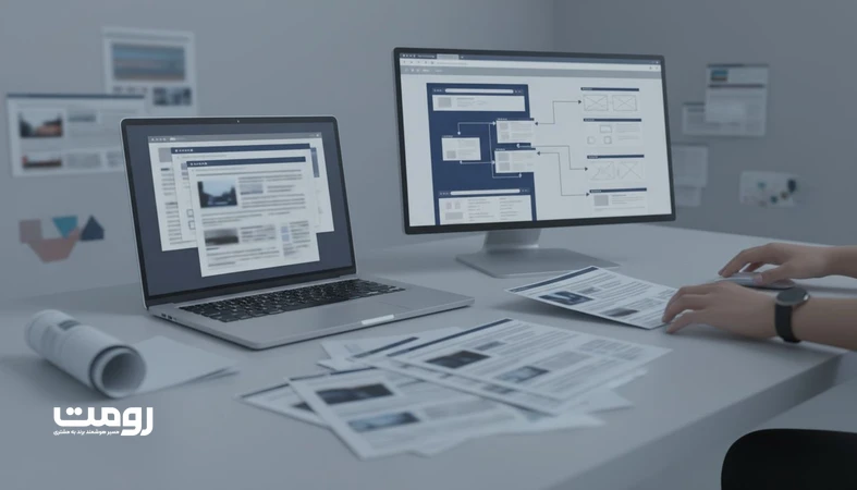 تصویر مفهومی از اشباع محتوایی با هوش مصنوعی و تمرکز بر سایت به عنوان دارایی برند، همراه با وایرفریم و نمودار معماری اطلاعات روی نمایشگر لپ تاپ