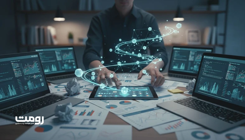 تصویر مفهومی از تحلیل داده‌های الگوریتمی و تبدیل گزارش‌های سئو به تصمیم تجاری با کمک هوش مصنوعی در مدیریت محتوا