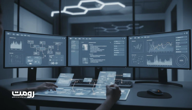 نمای مفهومی از تعامل برند و الگوریتم در AI-First Marketing با نمودارهای سیگنال، وایرفریم های UI و رابط سیستم مولد روی مانیتورها