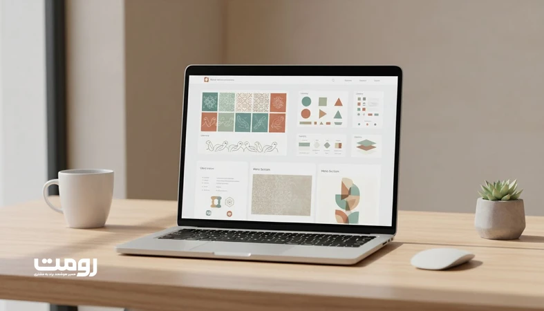 نمایی مینیمال از سیستم عناصر گرافیکی برند در رابط کاربری، شامل Pattern و Motif و قواعد تکرارپذیری برای انسجام بصری سایت