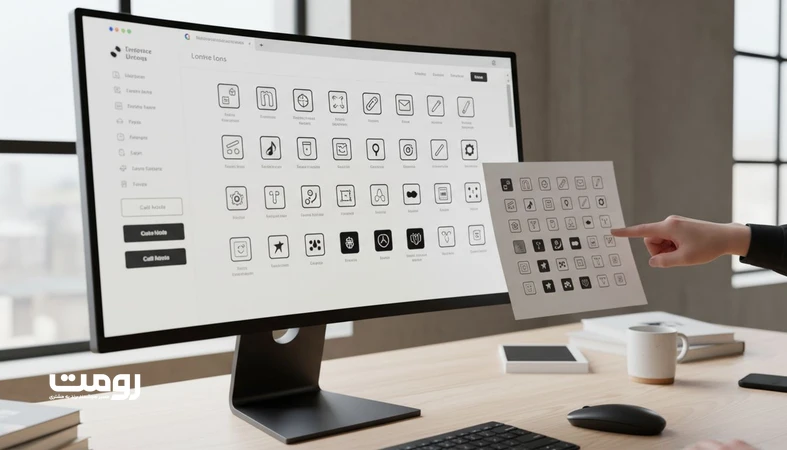 نمایی از رابط کاربری با آیکون های ناهماهنگ و کنار آن گرید و راهنمای استانداردسازی Iconography برای برند دیجیتال