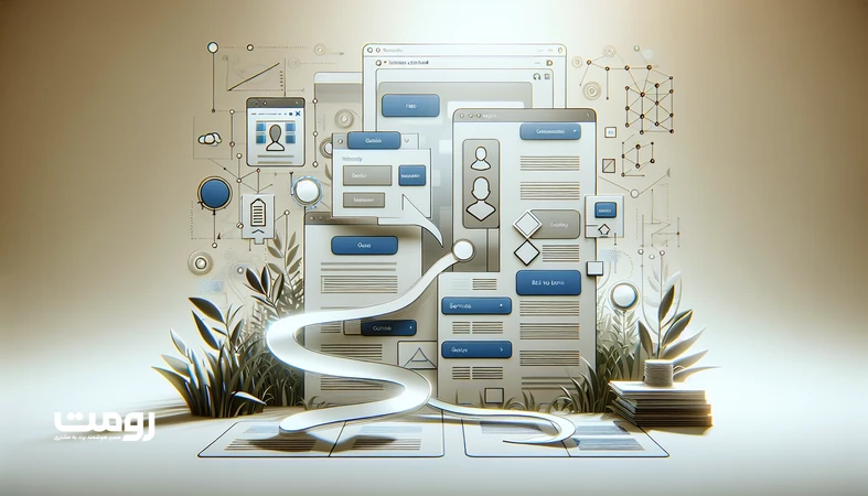 نمایش ساختار صفحات وب‌سایت به‌صورت وایرفریم مینیمال که روایت برند و جریان روایی بین بلوک‌های محتوا را نشان می‌دهد