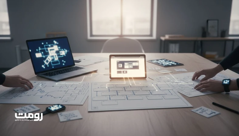 نمای مفهومی از وب‌سایت برند به‌عنوان منبع قابل استناد در جست‌وجوی مولد و پاسخ‌های آماده، همراه با وایرفریم و معماری اطلاعات روی میز کار.