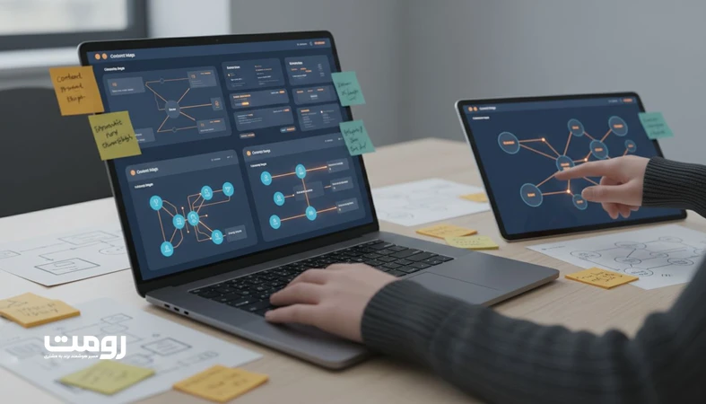 نمای مفهومی از تحلیل شکاف محتوایی با ChatGPT شامل خوشه‌بندی سوالات، نقشه محتوا و داشبوردهای داده برای مقایسه پوشش محتوایی برندها