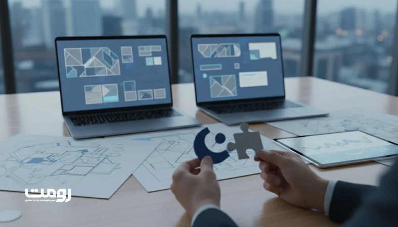 تصویر مفهومی تصمیم‌گیری برای انتخاب تکنولوژی سایت بین وردپرس و توسعه اختصاصی با نمایش وایرفریم‌ها و نمودارهای UX