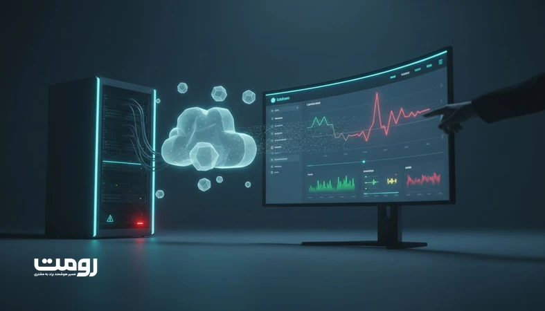 تصویر مفهومی انتخاب هاست و سرور مناسب برای وب‌سایت حرفه‌ای با نمایش زیرساخت میزبانی، داشبورد عملکرد و نشانه‌های سرعت و پایداری