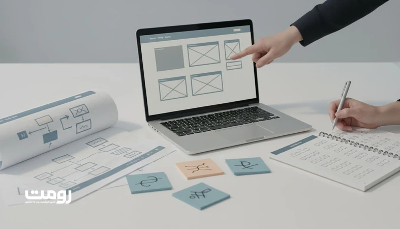 نمایی مفهومی از نقش کارفرما در موفقیت پروژه وب سایت با وایرفریم، نقشه سایت و همکاری برای تصمیم گیری و ارائه بازخورد