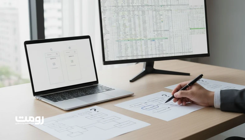 نمایی از معماری صفحه مقایسه ای در طراحی وب؛ لپ تاپ با وایرفریم مقایسه و جدول مقایسه برای تصمیم گیری کاربر