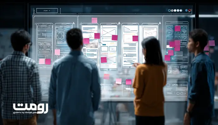 تیم طراحی در حال بررسی و ویرایش ساختار صفحات وب با استفاده از نمایشگر لمسی و یادداشت‌های چسبان برای بهبود معماری محتوا.