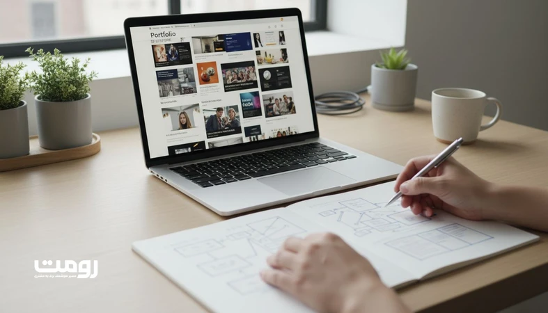 نمای نزدیک از صفحه لپ تاپ با نمونه کارهای نامنظم در کنار دیاگرام معماری محتوا برای ساختاردهی پروژه ها در سایت پروژه محور