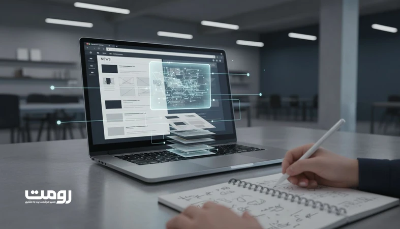 نمای مفهومی از خلاصه سازی محتوا با هوش مصنوعی و حفظ مرجعیت سایت از طریق ساختار محتوا و معماری اطلاعات