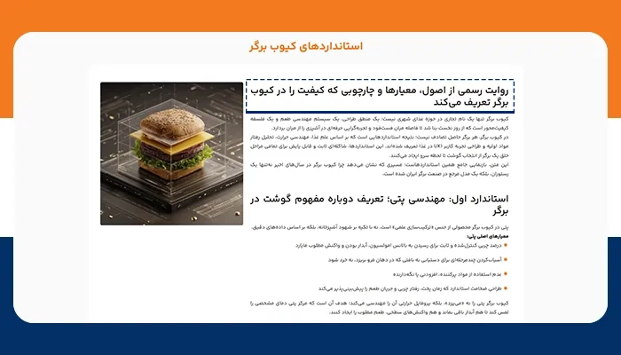 صفحهٔ اصلی کیوب برگر که دربارهٔ اصول و چارچوب‌های کیفیت این برند توضیح می‌دهد و تصویری از یک برگر چندلایه در قاب شفاف را همراه با متن علمی و استانداردهای طعم ارائه می‌کند.