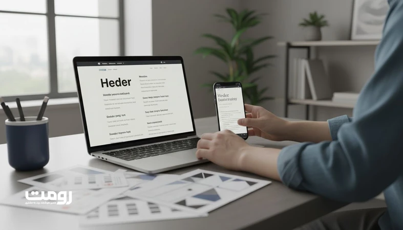 ناهماهنگی تایپوگرافی برند در نمایش یک سایت روی لپ تاپ و موبایل با فونت ها و فاصله گذاری متفاوت برای نشان دادن اهمیت ثبات هویت دیجیتال