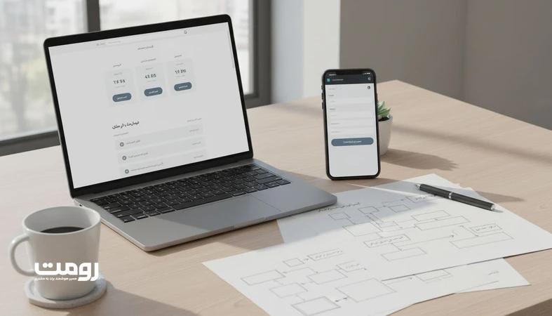 تصویر محیط کاری مینیمال با نمایش UI فارسی راست به چپ روی موبایل و لپ‌تاپ، مرتبط با طراحی تجربه دیجیتال در ایران و الگوهای رفتاری کاربران