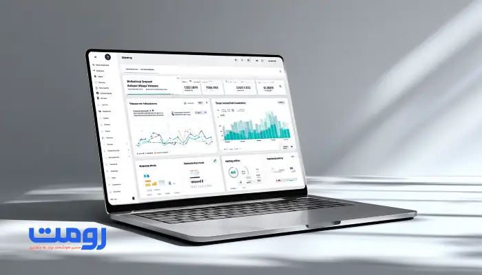 نمایی از یک لپ‌تاپ روی میز روشن با رابط کاربری داشبورد تحلیلی؛ نمایش نمودارها و داده‌های عملکرد دیجیتال در فضای طراحی وب و برندینگ دیجیتال.