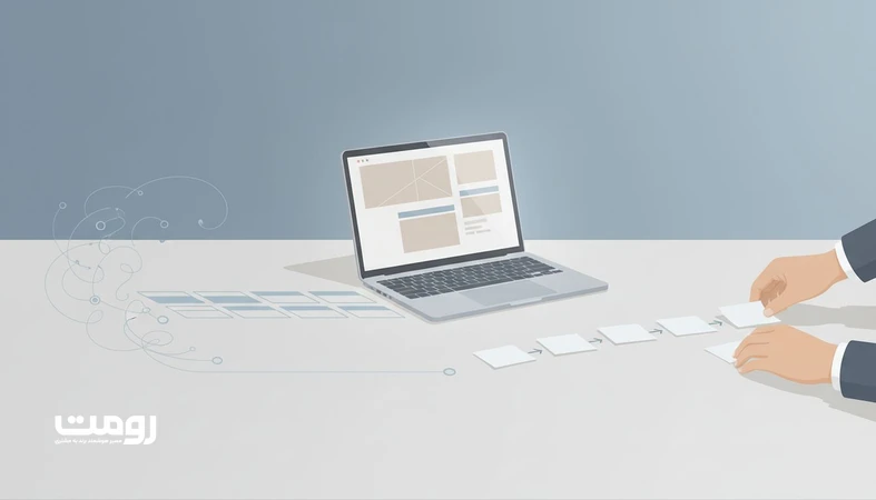 تصویر شماتیک از طراحی تجربه دیجیتال خدمات که فرآیند پیچیده را به نقشه راه مرحله بندی شده در رابط کاربری و کارت های محتوا تبدیل می‌کند