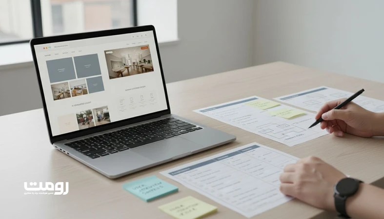 میز کار مینیمال با لپ تاپ و مستند روش کار طراحی سایت در کنار خروجی های مشابه AI؛ نمایش اهمیت مستندسازی فرآیند در وب سایت