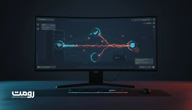 تصویر مفهومی از دامنه، DNS و رکوردها با نمایش مسیر اشتباه درخواست ها که به اختلال سایت در اثر تنظیمات نادرست DNS اشاره می کند.