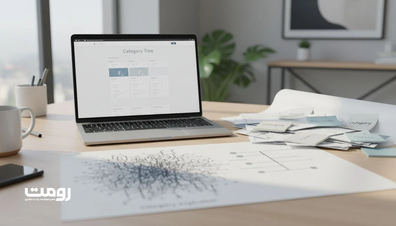 نمایی از طراحی معماری دسته بندی فروشگاهی و درخت کالا برای جلوگیری از انفجار دسته ها با تمرکز بر دسته ها و ویژگی ها